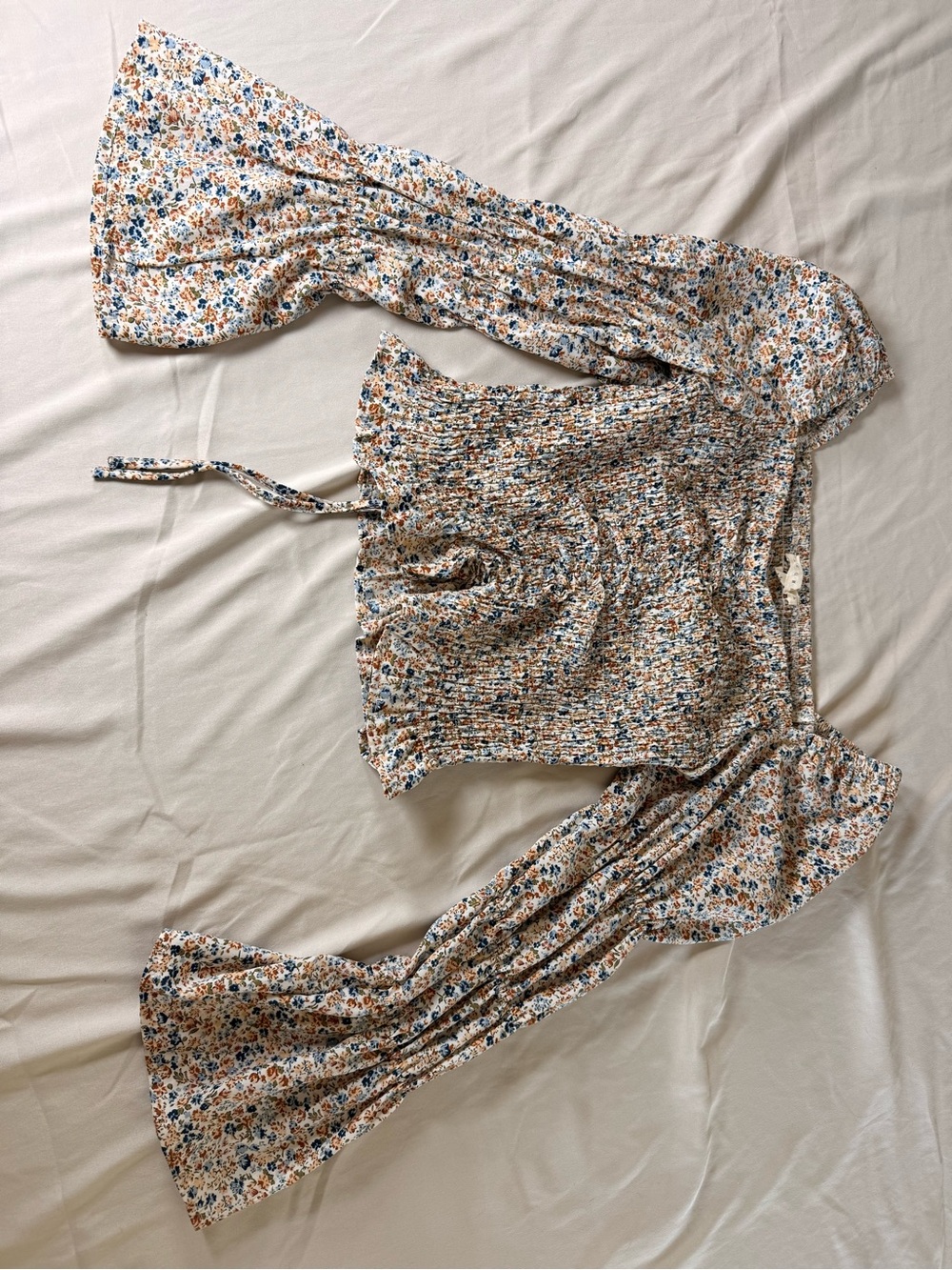 Smocked Floral Blouse in Cream, Blue & Rust
